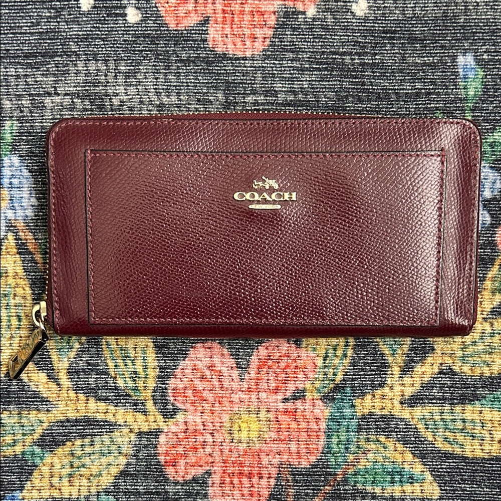Coach Burgundy Pebbled Leather Long Zip Around Accordion Wallet